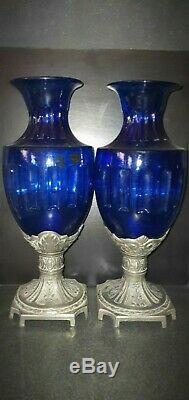 2 Ancien Vase Urne Verre Regule Art Nouveau Deco Paire Belle Decoration Bleu H33