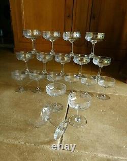 6 Coupes De Champagne Gravé En Verre Ancien (18 En Stock) Louis XVI Art Deco