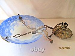 ANCIEN LUSTRE VASQUE PATE DE VERRE ART DECO-NOVERDY SUSPENSION BONZE dlg MULLER