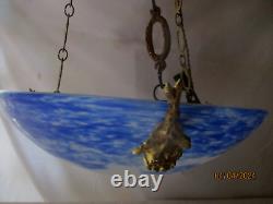 ANCIEN LUSTRE VASQUE PATE DE VERRE ART DECO-NOVERDY SUSPENSION BONZE dlg MULLER