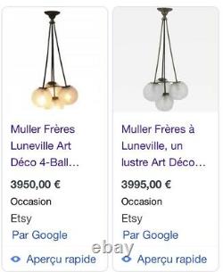 ART DÉCO Lustre en métal à ruban avec 4 globes en verre givré Dlg MULLER Frères