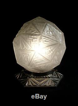 A. Cherpion Lampe Art Déco Moderniste Bronze Nickelé & Globe Verre Pressé 1930