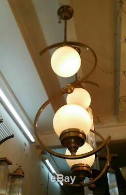 Ancien Art Deco Bauhaus Fixture Plafond Laiton Lustre Lait Lumiere Verre Lampe