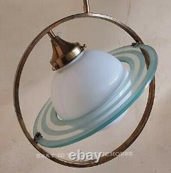 Ancien Art Deco Saturn Fixture Plafond Laiton Lustre Lait Lumiere Verre Lampe
