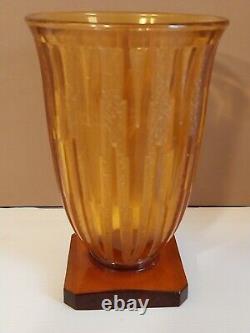 Ancien Vase en Verre Moulé Pressé Ambré Satiné Epoque ART DECO