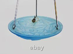 Ancien lustre DEGUE, suspension vasque Art Déco 1 Feu, en pâte de verre bleu