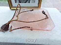 Ancien lustre/suspension Art Déco DEGUE-verre rose compressé-fleurs abstraites