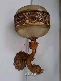 Ancienne APPLIQUE MURALE Globe Pate de Verre / Bronze/ Dauphin art Deco 20ème