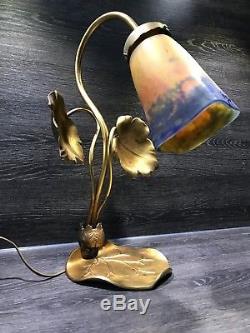 Ancienne Lampe Art Deco Art Nouveau Bronze Paye De Verre Degué