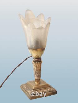 Ancienne Lampe Bronze Art Deco Art Nouveau Tulipe Pâte De Verre Torchère Florale