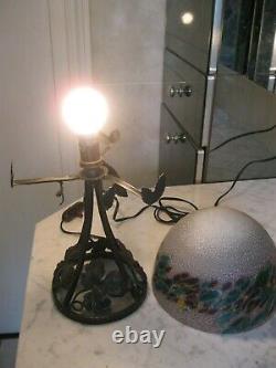 Ancienne Lampe Bureau/salon Fer Forge/ Globe Pate Verre Art Deco/nouveau Tbe