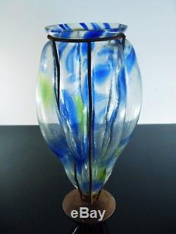 Ancienne Vase En Fer Forgé Pte De Verre Souffle Art Déco Dèlatte Nancy Muller