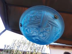 Ancienne suspension Degué/lustre Art-Déco bleu-monture fer forgé-pâte de verre