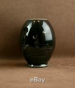 Beau Vase Art Deco Verre Noir Decor Libellule Signe Hem Michel Hermann