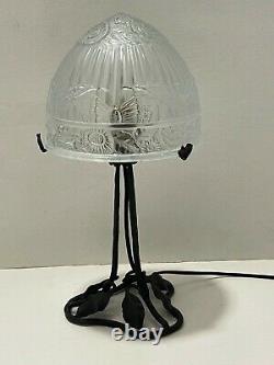 Belle Ancienne Lampe Fer Forgé art déco Dôme, globe en verre pressé