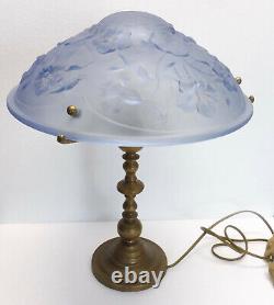 Belle LAMPE CHAMPIGNON pied laiton coupelle verre bleu style art déco