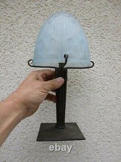 Belle Lampe Art Deco Fer Forge Obu Verre Depoli Vers 1930 Muller Noverdy Degue