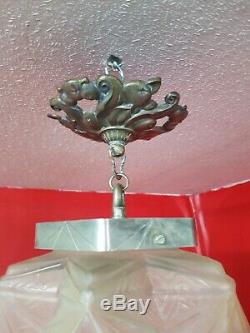 Chandelier lanterne lustre art deco verre moulé et bronze des hanots j. Robert