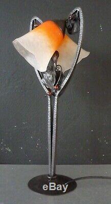 Charles SCHNEIDER, Lampe art nouveau art deco, fer forgé gingko, pâte de verre
