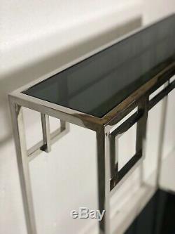 Console style Art Déco en métal chromé à dessus de verre fumé