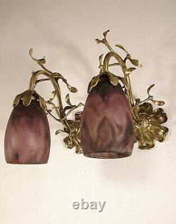 DAUM NANCY paire d'appliques en bronze et tulipe signées pâte de verre