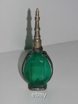 Flacon A Parfum A Vis Verre Vert Metal Mauresque Marocain Art-deco Fait-main Tbe