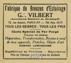 G. Vilbert, Lustre Art Déco Fin Années 1920 Bronze Argenté Et Verre Moulé-pressé