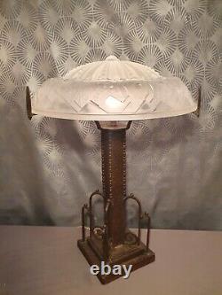 Grande lampe art déco 1930 MULLER FRERES LUNEVILLE en fer forgé abat jour verre