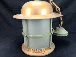Grande lanterne suspension lampe art deco cuivre verre dépoli ancien 1930