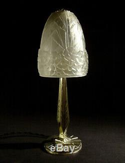 Hettier & Vincent Lampe Art Déco En Bronze & Tulipe En Verre Pressé Signée 1930