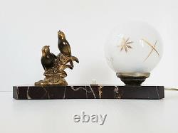 Lampe Art Deco Aux Moineaux Marbre Bronze & Verre 1920 1930 Vintage 20s 30s
