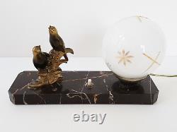 Lampe Art Deco Aux Moineaux Marbre Bronze & Verre 1920 1930 Vintage 20s 30s