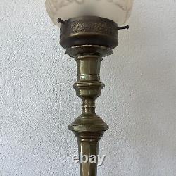 Lampe Art Deco Globe Verre Givré Beige Rosé Motif Fleurs, Pied Laiton Vintage