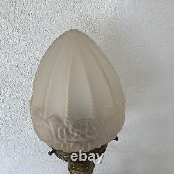 Lampe Art Deco Globe Verre Givré Beige Rosé Motif Fleurs, Pied Laiton Vintage