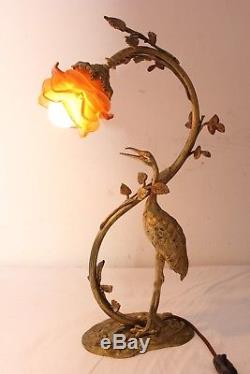 Lampe art déco bronze héron tulipe pâte de verre