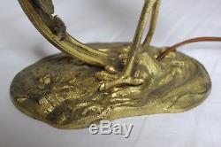 Lampe art déco bronze héron tulipe pâte de verre