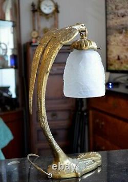 Lampe de table art déco nouveau Bronze Aigle tulipe pâte de verre XX