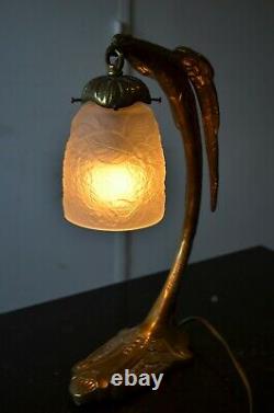 Lampe de table art déco nouveau Bronze Aigle tulipe pâte de verre XX