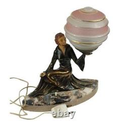 Lampe veilleuse Arts Déco femme en robe avec globe en verre à motifs dorés à l