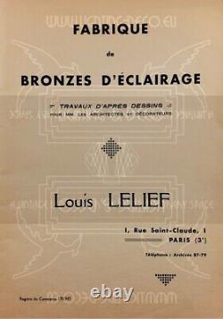 Louis Lelief / Schneider Lustre Art Déco Bronze Argenté Et Verre Moulé-pressé