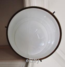Lustre Art Déco 1930 verre opaline, monture cuivre style Holophane industriel