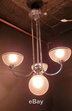 Lustre Art Déco en métal chromé 3 bras 4 feux (vintage chandelier ceiling light)