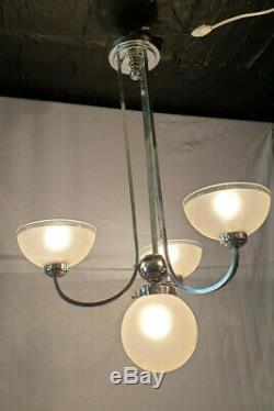 Lustre Art Déco en métal chromé 3 bras 4 feux (vintage chandelier ceiling light)