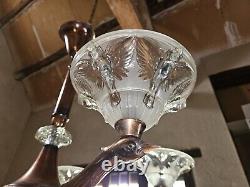 Lustre Art Deco en verre moulé Blanc Boris Lacroix Ezan Bronze Cuivré Perruche