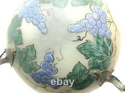 Lustre Art Déco pâte de verre LEUNE, vasque 3 tulipes émaillées de raisins bleus