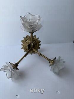 Lustre Bronze Ancien Napoleon Art Deco 3 Tulipes Pate De Verre Forme De Rose