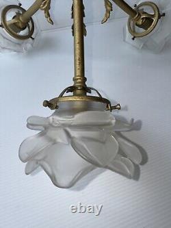 Lustre Bronze Ancien Napoleon Art Deco 3 Tulipes Pate De Verre Forme De Rose