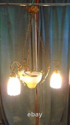 Lustre Muller Frères Art nouveau 3 bras de lumière jaune