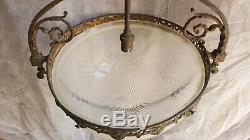 Lustre Suspension bronze vasque Verre dépoli Gravé art Déco ancien deb 20ème