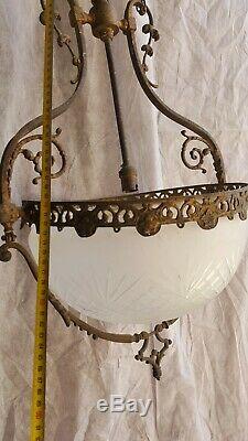 Lustre Suspension bronze vasque Verre dépoli Gravé art Déco ancien deb 20ème
